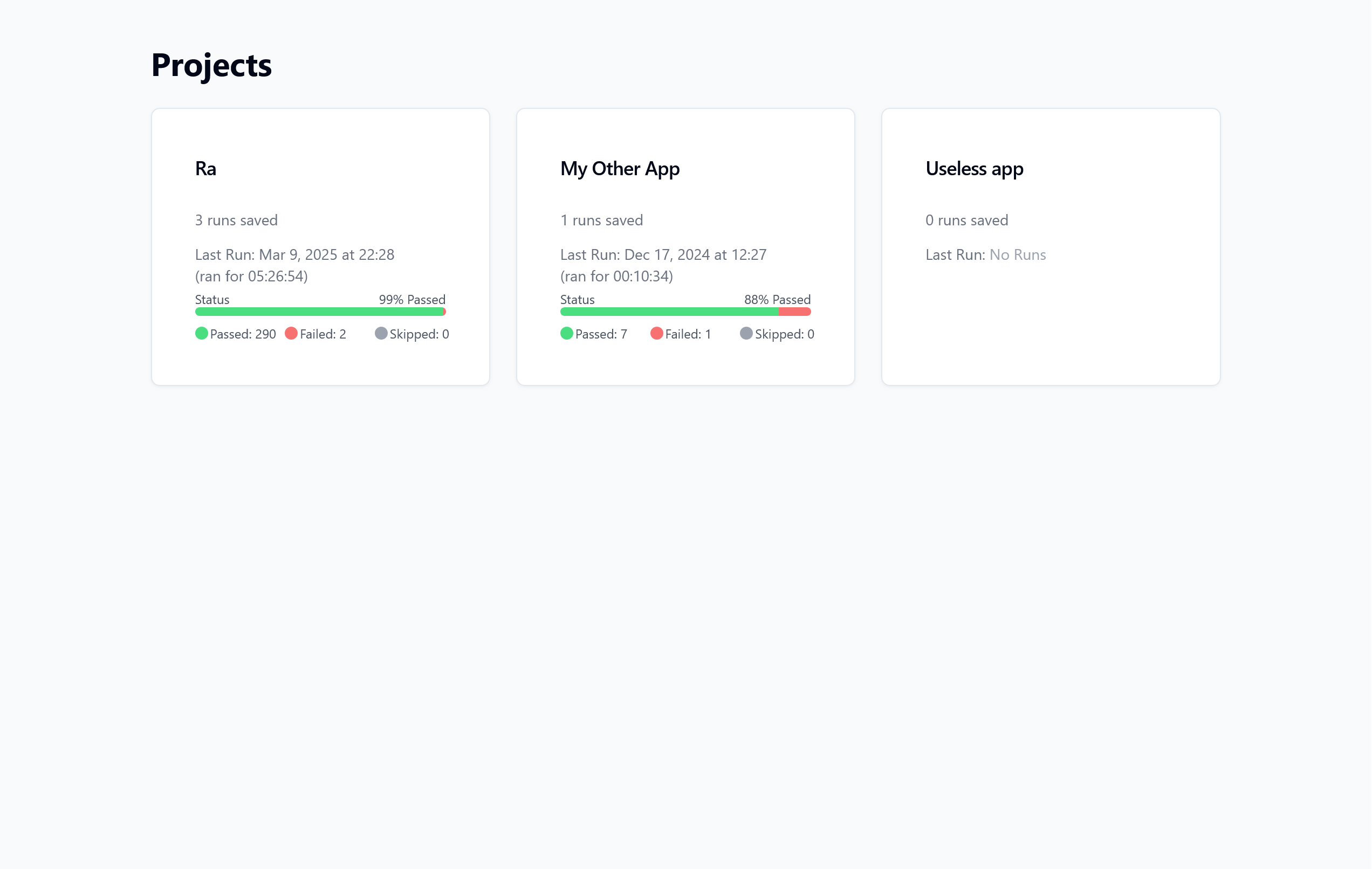 The dashboard page, featuring all the projects